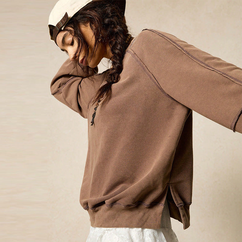 Women's Fashionable V-Neck Long-Sleeve Pullover Sweater Solid Color Top