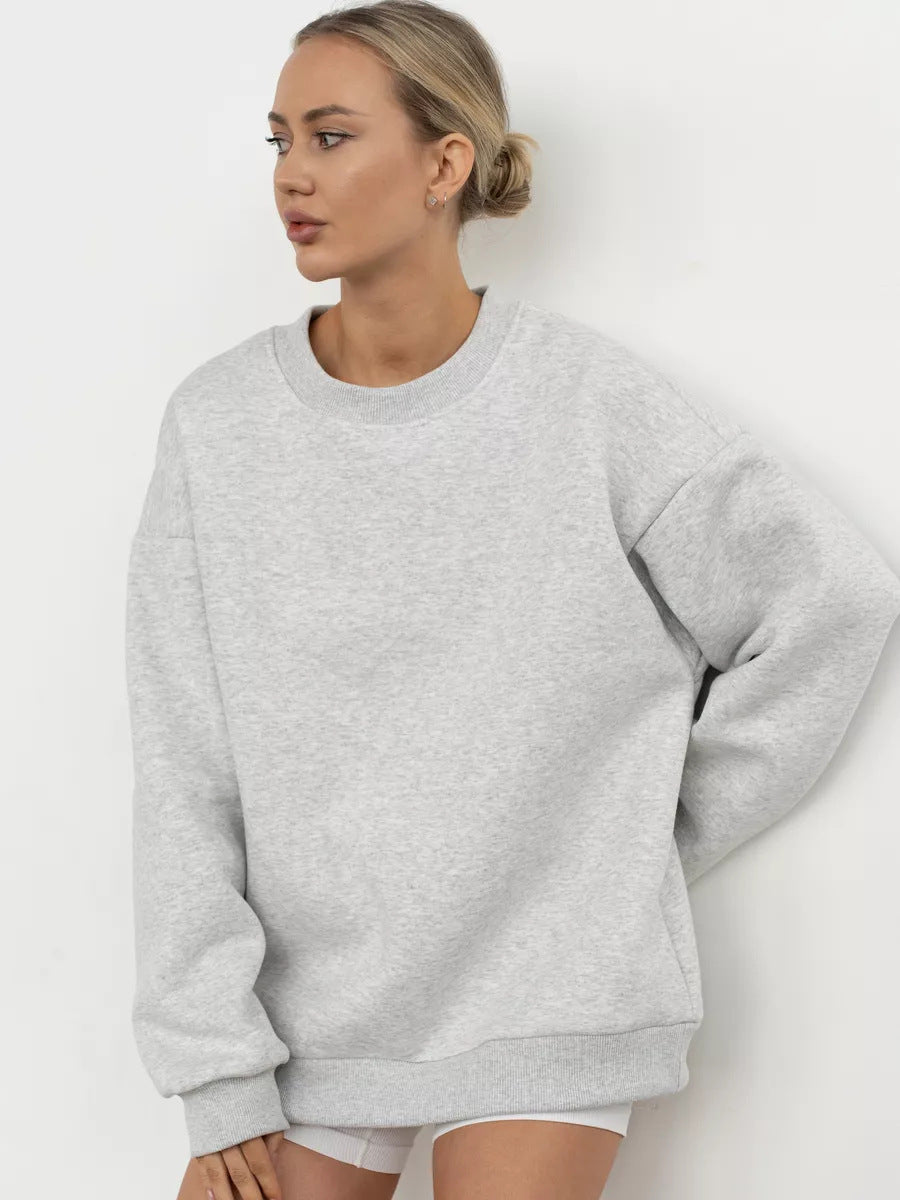 Solid Color Crew Neck Loose-Fit Pullover Sweatshirt Top For Women