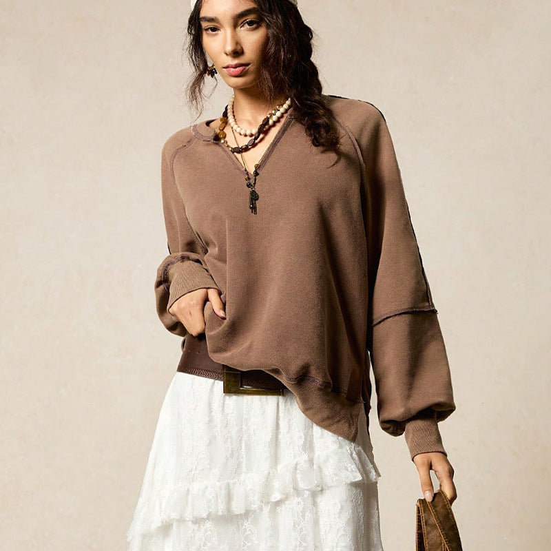 Women's Fashionable V-Neck Long-Sleeve Pullover Sweater Solid Color Top