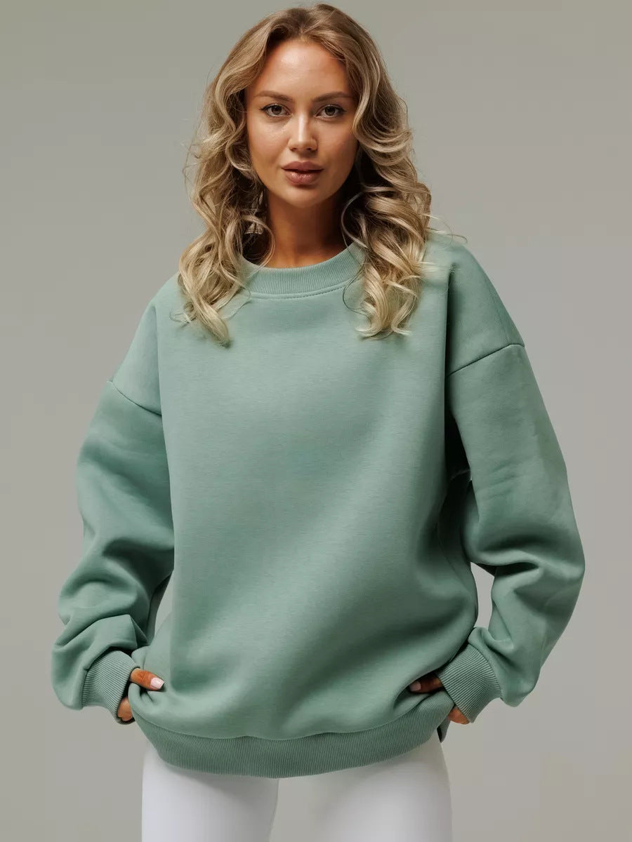 Solid Color Crew Neck Loose-Fit Pullover Sweatshirt Top For Women