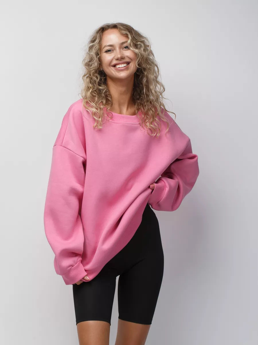 Solid Color Crew Neck Loose-Fit Pullover Sweatshirt Top For Women