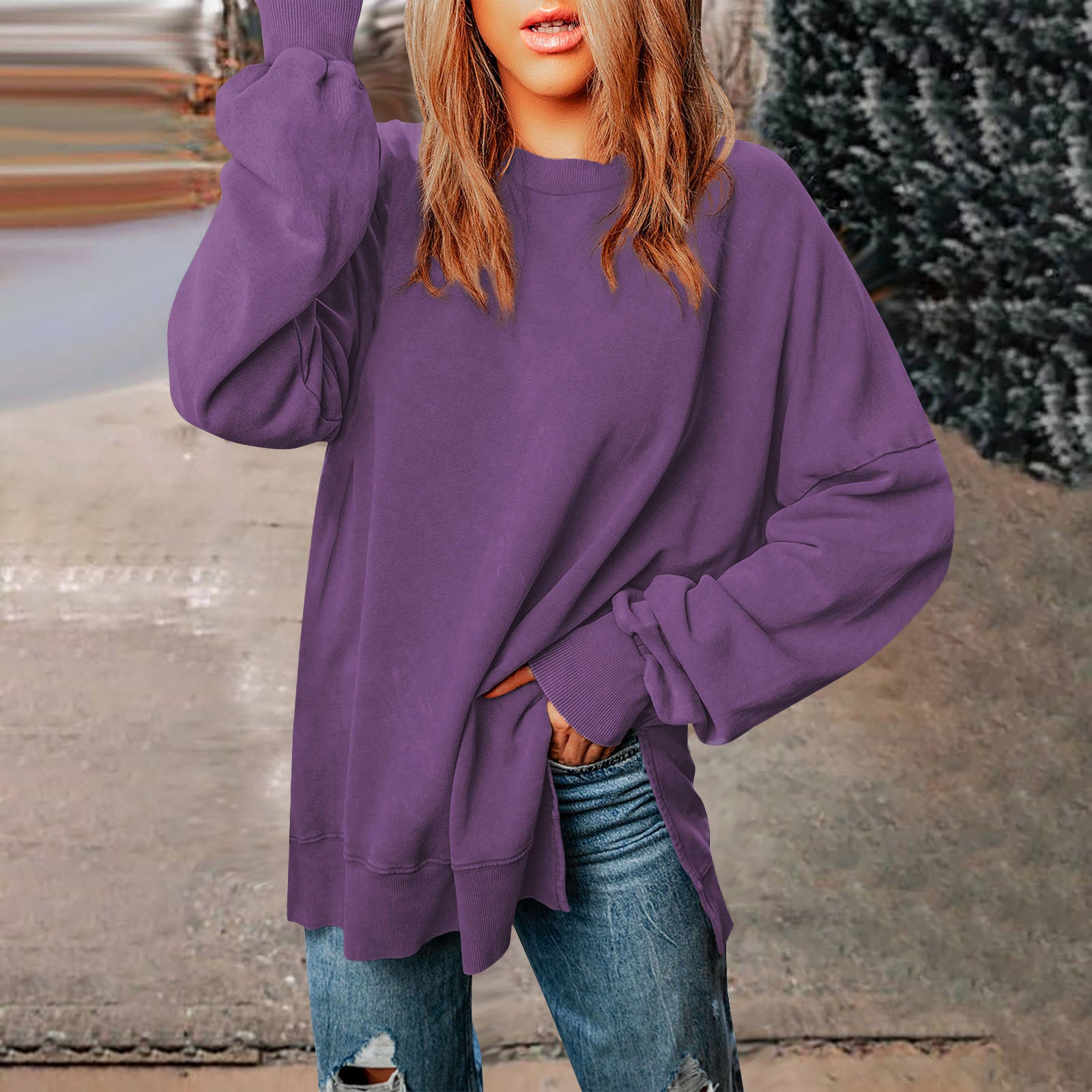 Solid-color Pullover Crewneck Sweatshirt Casual Versatile Style Extra-long Figure-flattering Long-sleeve Top