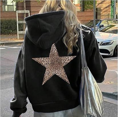Womens Leopard-Print And Star-Print Hooded Casual Long-Sleeve Top