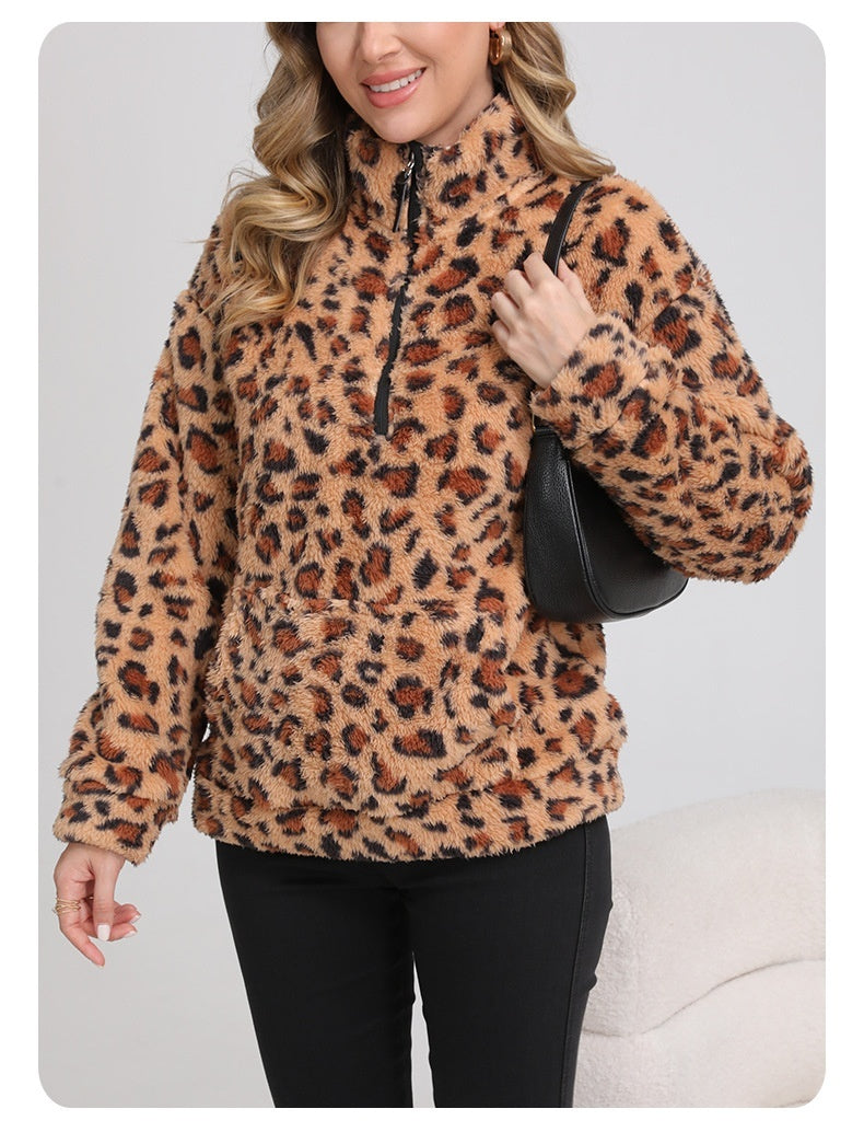 Fashionable Lambswool Fleece Leopard-Print Jacket Fleece Sweater Hoodie