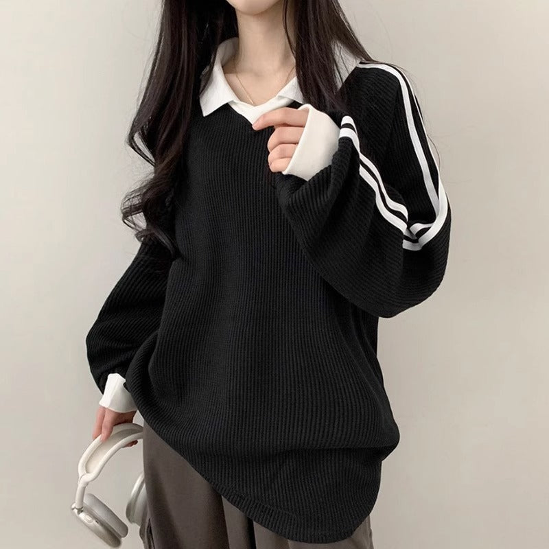 Contrast-color POLO Collar Striped Hoodie