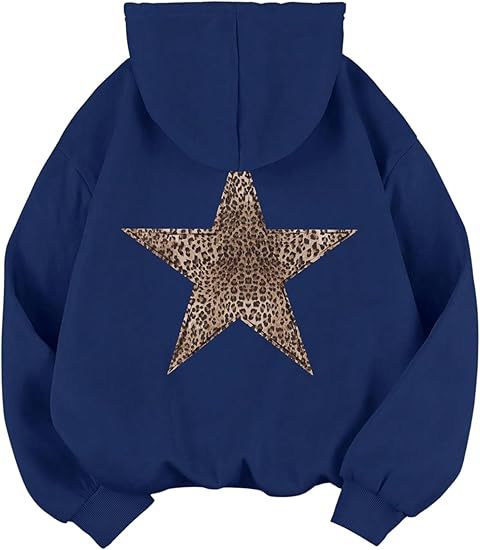 Womens Leopard-Print And Star-Print Hooded Casual Long-Sleeve Top