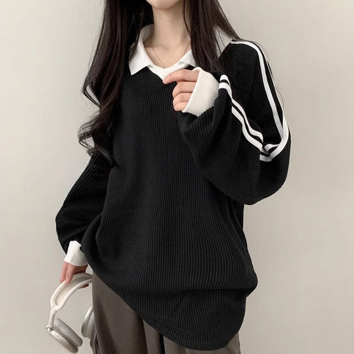 Contrast-color POLO Collar Striped Hoodie