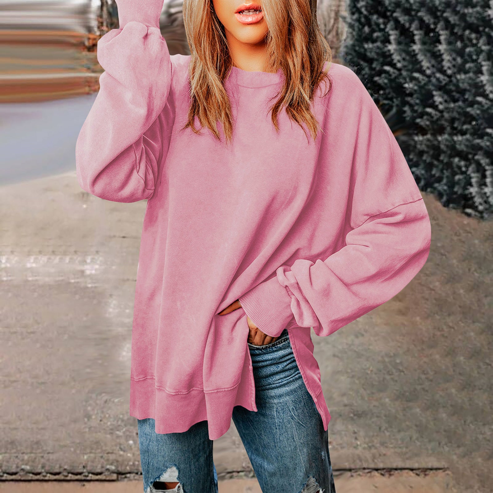 Solid-color Pullover Crewneck Sweatshirt Casual Versatile Style Extra-long Figure-flattering Long-sleeve Top