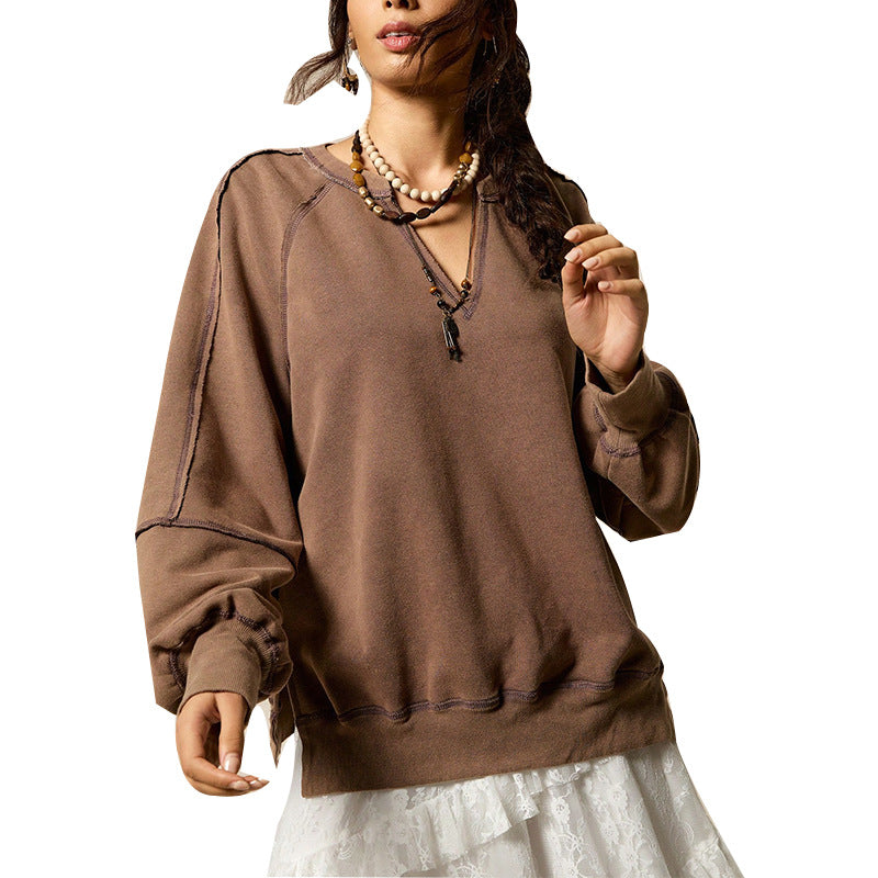 Women's Fashionable V-Neck Long-Sleeve Pullover Sweater Solid Color Top