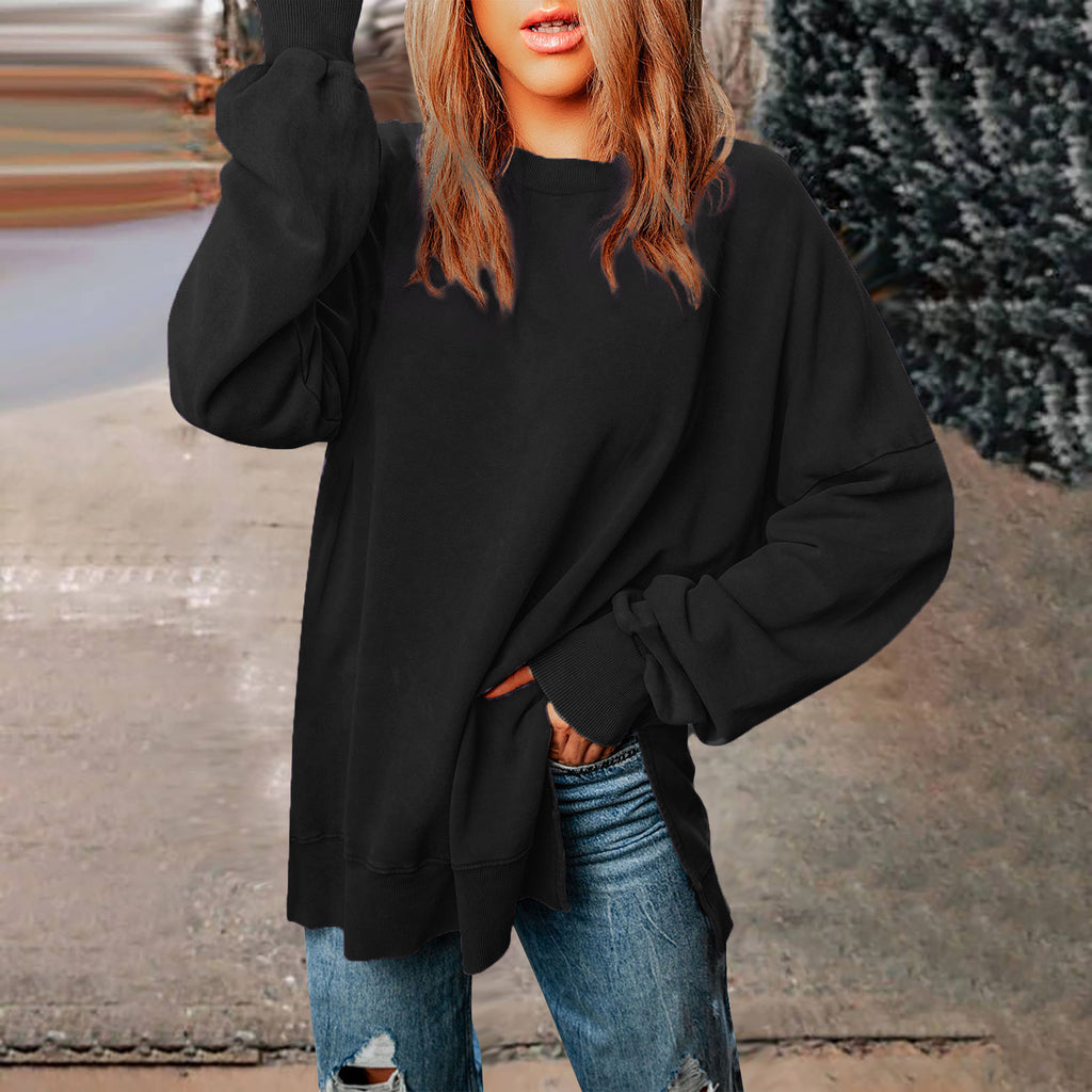 Solid-color Pullover Crewneck Sweatshirt Casual Versatile Style Extra-long Figure-flattering Long-sleeve Top