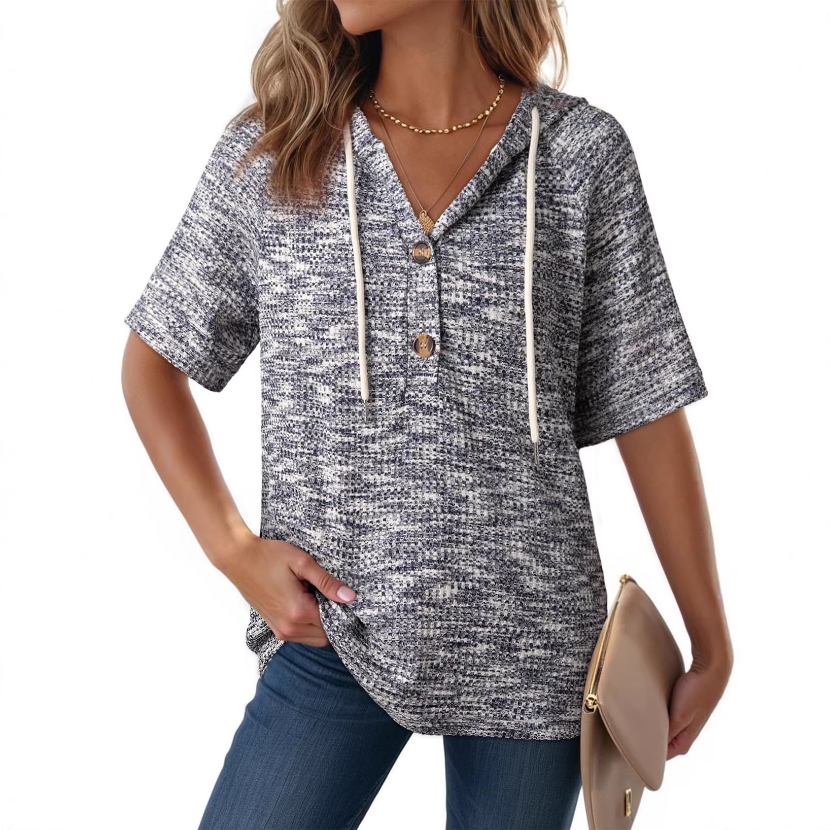 Womens Waffle-Weave Buttoned V-Neck Hoodie With Drawstring