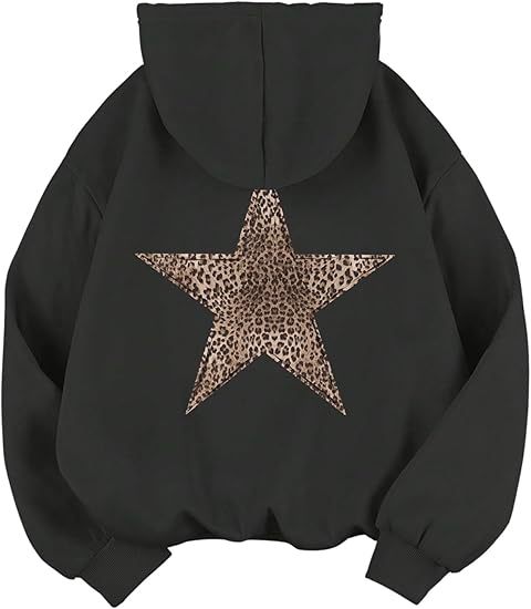 Womens Leopard-Print And Star-Print Hooded Casual Long-Sleeve Top